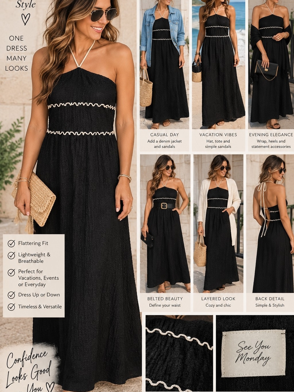 See You Monday Black Maxi Dress with White Trim
